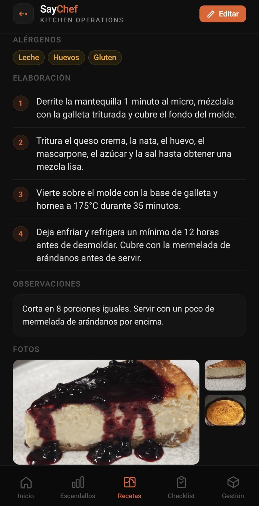 Elaboración y fotos de una receta en SayChef