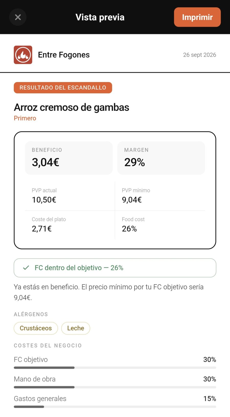 Escandallo exportado en PDF desde SayChef