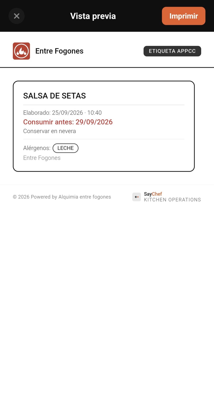 Etiqueta APPCC lista para imprimir desde SayChef